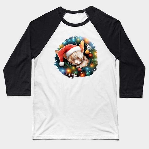 Lazy Devon Rex Cat At Christmas Baseball T-Shirt by Chromatic Fusion Studio